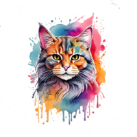 high quality, logo style, Watercolor, powerful colorful cute cat logo facing forward, monochrome background, by ,awesome full color, png