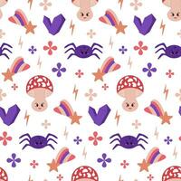 Cozy magical seamless pattern with mushroom. Flat kawaii elements on white background. Witch related items. Graphic print design for wrapping paper, kids textile, background, banner, stationary vector