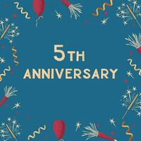 Greeting banner or card with text 5th anniversary. Frame design print with celebrating elements with dotted texture on blue background. Good for social media graphics, background, banner vector