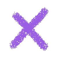 Textured purple doodle hand drawn cross, checkmark isolated on white background. Minimalistic vector element in bright color.