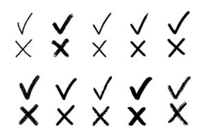 Clipart set of black textured doodle hand drawn checkmarks isolated on white background. Minimalistic vector elements with grunge texture.