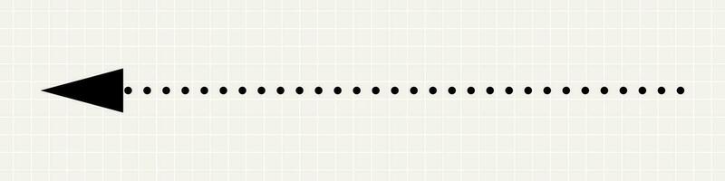 A thin straight black arrow pointing to the left. A minimalistic pointer made of dots on the background of a notebook sheet. vector