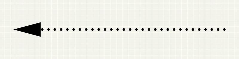 A thin straight black arrow pointing to the left. A minimalistic pointer made of dots on the background of a notebook sheet. vector