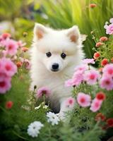 AI generated A white spitz puppy sits among pink flowers.AI photo