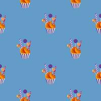 Seamless pattern with sweets on a blue background. Seamless background with cupcakes. For wrapping paper, packaging, fabric, wallpaper. vector