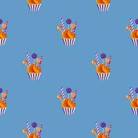 Seamless pattern with sweets on a blue background. Seamless background with cupcakes. For wrapping paper, packaging, fabric, wallpaper. vector