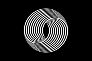 3D logo design abstract black and white circles, geometric pattern with visual distortion effect. Illusion of rotation. Op art. Vector isolated on black background