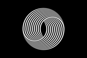 3D logo design abstract black and white circles, geometric pattern with visual distortion effect. Illusion of rotation. Op art. Vector isolated on black background