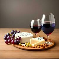 AI generated Assorted cheese, grapes, nuts. Cheese platter. Wine in glasses. The image was created using generative AI. photo