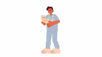 masculino veterinario con gato dibujos animados animación. veterinario hombre medio oriental participación gatito 4k vídeo movimiento gráfico. médico animal. veterinario médico 2d color animado personaje aislado en blanco antecedentes video