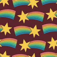 Cute hand drawn seamless pattern with stars and rainbows on dark background. Vector repeated design for kids fabric. Vector illustration