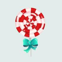 Christmas round lollipop with red stripes and big turquoise ribbon bow with shadows and highlights. Vector