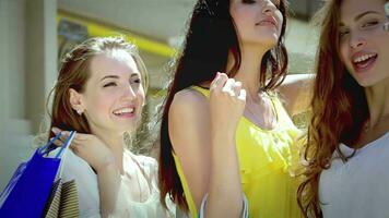 Three pretty girls-shopaholic make selfieie after shopping video