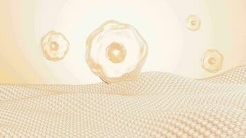 Floating cells in the gold background, skin treatment, biology and medicine concept, 3d rendering. video