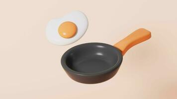 Cartoon kitchen pan and poached egg in the white background video, 3d rendering. video