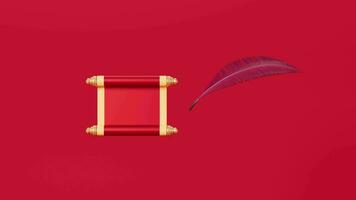 Red empty opening scroll and feather on the red background, Spring Festival theme, 3d rendering. video