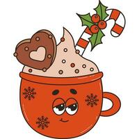 Christmas retro red cup cocoa with gingerbread and caramel stick. 60 -70s vibes groovy character. Merry Christmas and Happy New Year. vector