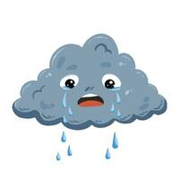 Crying emotional sad cloud having a bad day causing rain fall. Simple flat cartoon art styled drawing isolated on square white background for children books or tshirt prints. vector