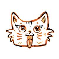 Orange and black dominated colored cat face doodle with sparkly eyes vector illustration sketch isolated on square white background. Simple flat cartoon art styled drawing outline.