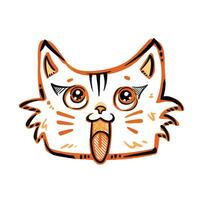 Orange and black dominated colored cat face doodle with sparkly eyes vector illustration sketch isolated on square white background. Simple flat cartoon art styled drawing outline.