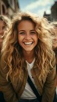 ai generado hermosa joven mujer en Gafas de sol y blanco camiseta con brillante disco pelotas, vertical Clásico disparo. foto