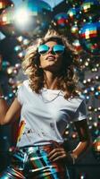 AI generated Beautiful young woman in sunglasses and white T-shirt with bright disco balls, vertical vintage shot. photo