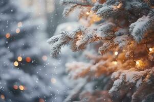 cubierto de nieve Navidad árbol ramas con oro decoraciones al aire libre foto