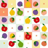 Seamless pattern with fruits and berries on a background of multicolored squares. Abstract geometric print with healthy food. Vector graphics.