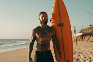 AI generated Beautiful male surfer with surfboard on the sandy beach. Water sports. Healthy Active Lifestyle. Surfing. Extreme Sport. photo