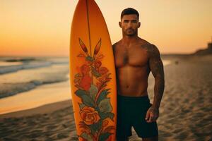 ai generado hermosa masculino tablista con tabla de surf en el arenoso playa. agua Deportes. sano activo estilo de vida. surf. extremo deporte. foto