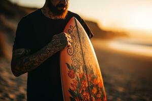 ai generado hermosa masculino tablista con tabla de surf en el arenoso playa. agua Deportes. sano activo estilo de vida. surf. extremo deporte. foto