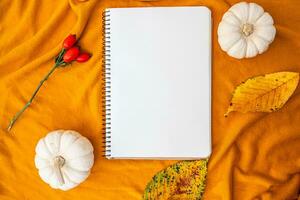 Blank notebook with space for text on textile yellow background with pumpkins and yellow foliage photo