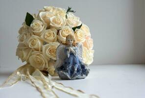 Bride's Round bouquet on table in the room photo