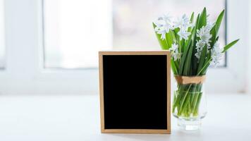 Bouquet Fresh blue spring flowers Scilla siberica in transparent glass on windowsill on background of window. wooden empty frame with white background. Copy space photo