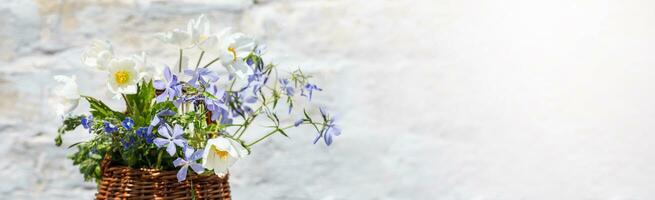 Flowers Bouquet Anemonoides nemorosa, Phlox divaricata, Whetzel weed in Wisker Basket photo