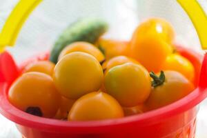 Red bucket full of yellow tomatoes and cucumbers. bucket standing on the windowsill photo