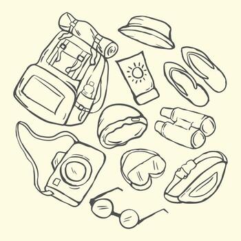 vector viaje garabatear colocar, mano dibujado, verano recopilación, vector recopilación, gracioso vector