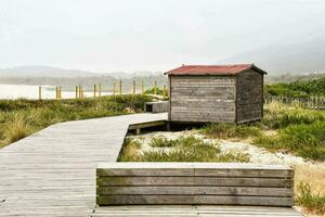 wooden boardwalk leading to a beach hut photo