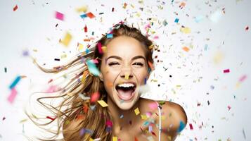 AI generated Model laughing, celebrating birthday, event, football, achievement, new years, in an explosion of confetti photo