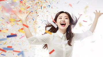 AI generated Model laughing, celebrating birthday, event, football, achievement, new years, in an explosion of confetti photo