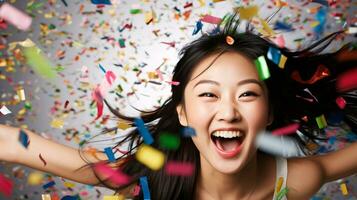 AI generated Model laughing, celebrating birthday, event, football, achievement, new years, in an explosion of confetti photo