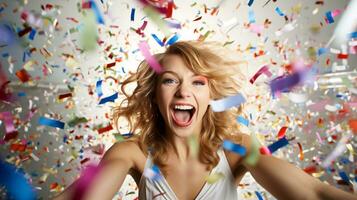 ai generado modelo reír, celebrando cumpleaños, evento, fútbol, logro, nuevo años, en un explosión de papel picado foto