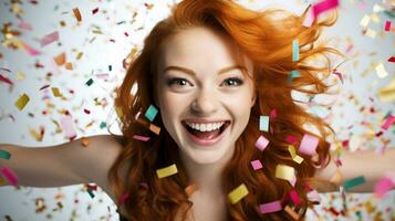 AI generated Model laughing, celebrating birthday, event, football, achievement, new years, in an explosion of confetti photo