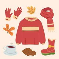 otoño ilustración colocar. guantes, suéter, bota, hojas, té taza plano ilustración vector