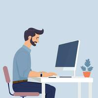 man sitting in front of personal computer and working flat design vector