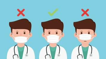 Doctors showing how to wearing protective mask correctly. Face mask vector. vector