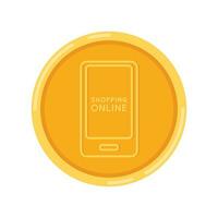 compras en línea logo. compras en línea símbolo en inteligente teléfono. oro moneda vector. vector