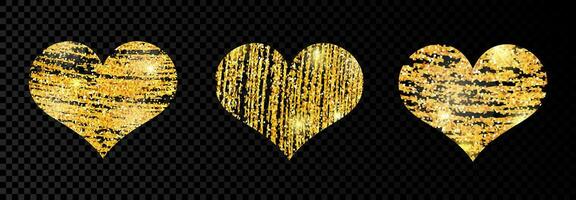 Set of three heart with golden glittering scribble paint on dark background. Background with gold sparkles and glitter effect. Empty space for your text. Vector illustration