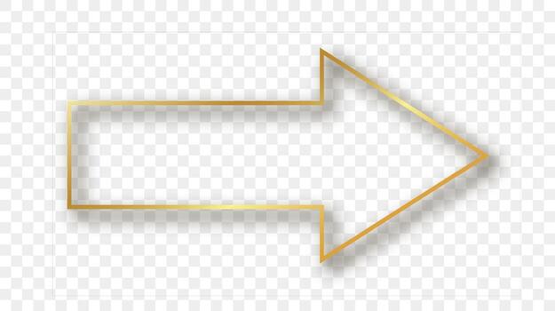 Gold glowing arrow shape frame with shadow isolated on background. Shiny frame with glowing effects. Vector illustration.