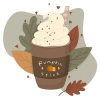 otoño ilustración con calabaza especia latté con azotado crema. saludo estacional tarjeta de bebida con hojas con corazones en el antecedentes. vector